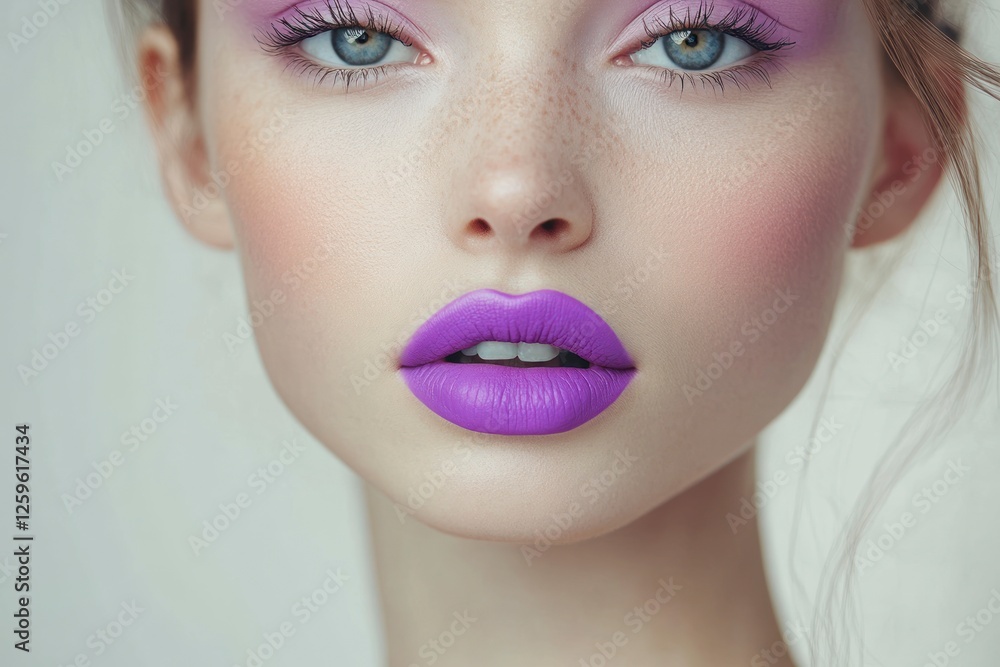 a beautiful model with pink makeup and purple lipstick, wearing soft blush on the cheeks and dark eyeliner to create an elegant look. The focus is on her lips, which have bright purple lip gloss a beautiful model with pink makeup and purple lipstick, wearing soft blush on the cheeks and dark eyeliner to create an elegant look. The focus is on her lips, which have bright purple lip gloss