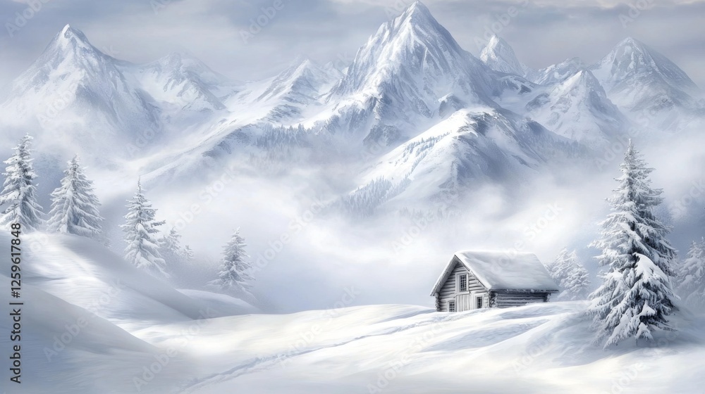 Fototapeta premium Serene Winter Landscape Featuring a Cozy Cabin Amidst Snow-Capped Mountains and Evergreen Trees Under Soft Clouds