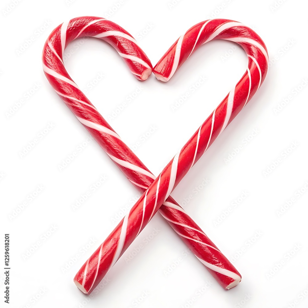Fototapeta premium Two red and white candy canes crossed to form a heart shape, representing love and holiday cheer