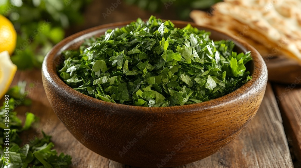 A bowl of freshly chopped parsley on a wooden table, ready for culinary use. A bowl of freshly chopped parsley on a wooden table, ready for culinary use.