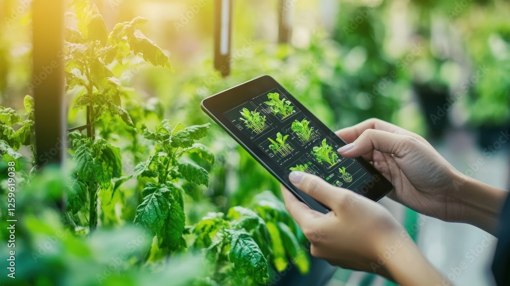Hands holding tablet showing plant growth data in a greenhouse. Hands holding tablet showing plant growth data in a greenhouse.