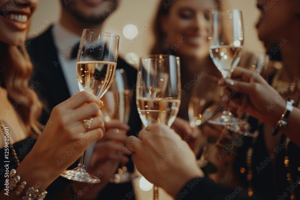 Festive celebration captured with friends clinking champagne glasses and holding sparklers, creating a joyful atmosphere with shimmering lights, perfect for holiday, New Year, or special occasions