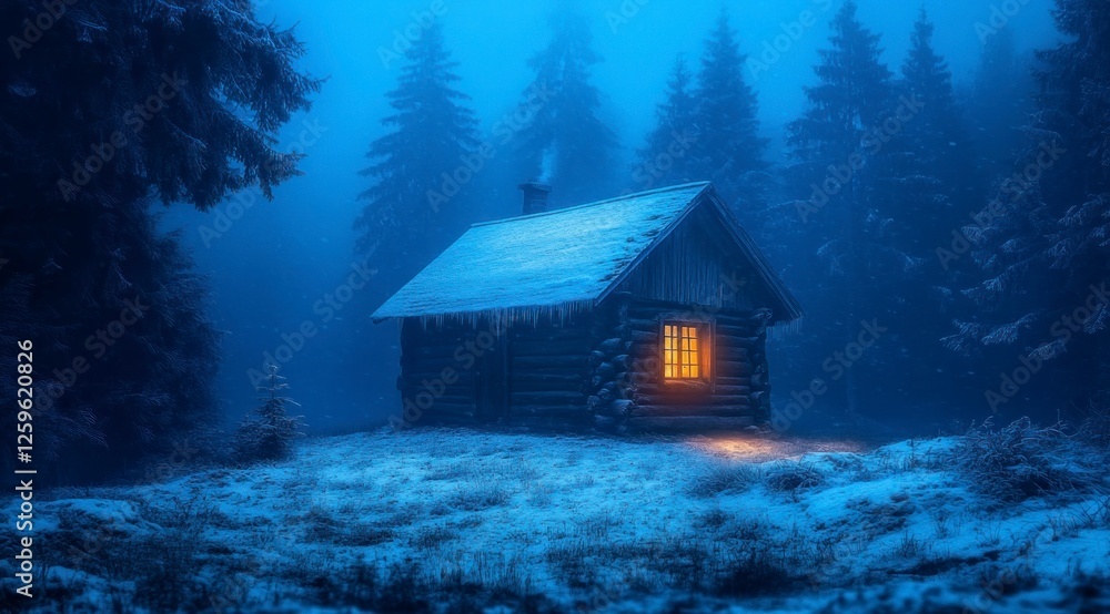 cinematic photograph of an old, wooden house in the middle of a winter forest at night, with dark blue tones, cold lighting, a sense of horror, and hazy fog and mist cinematic photograph of an old, wooden house in the middle of a winter forest at night, with dark blue tones, cold lighting, a sense of horror, and hazy fog and mist