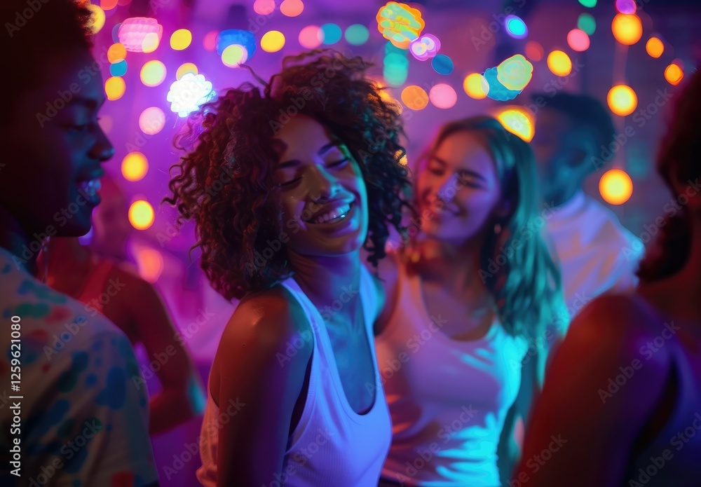 Smiling Woman With Curly Hair in Front of Group happy new year Smiling Woman With Curly Hair in Front of Group happy new year