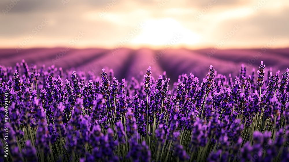 Naklejka premium A field of lavender in full bloom with purple flowers stretching towards the horizon under a bright sky