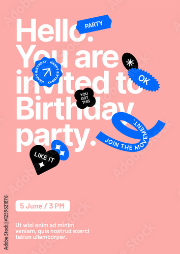 Birthday party invitation layout template. Design with colorful eye catching typography for your flyer, poster, cover, banner or brochure.