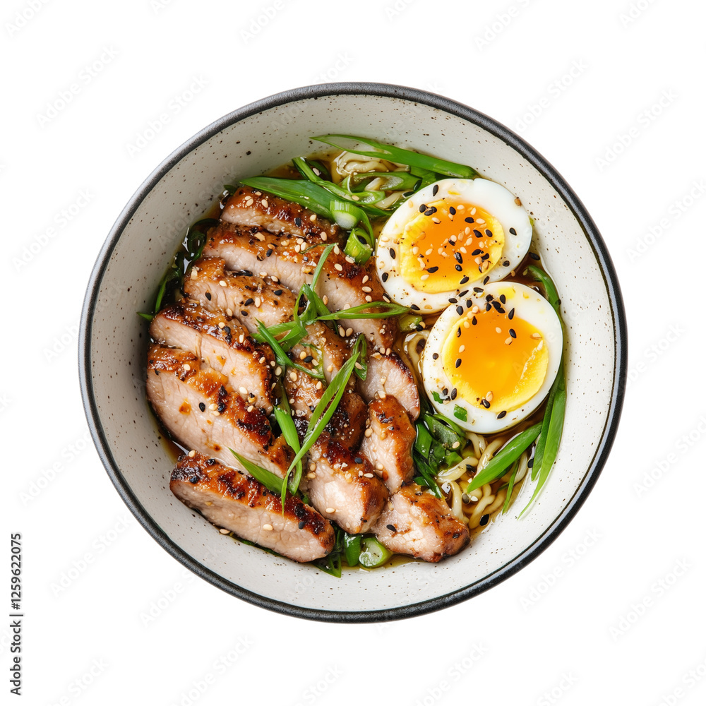 Ramen bowl with pork slices and soft-boiled egg isolated transparent background isolated transparent background , in PNG format Ramen bowl with pork slices and soft-boiled egg isolated transparent background isolated transparent background , in PNG format