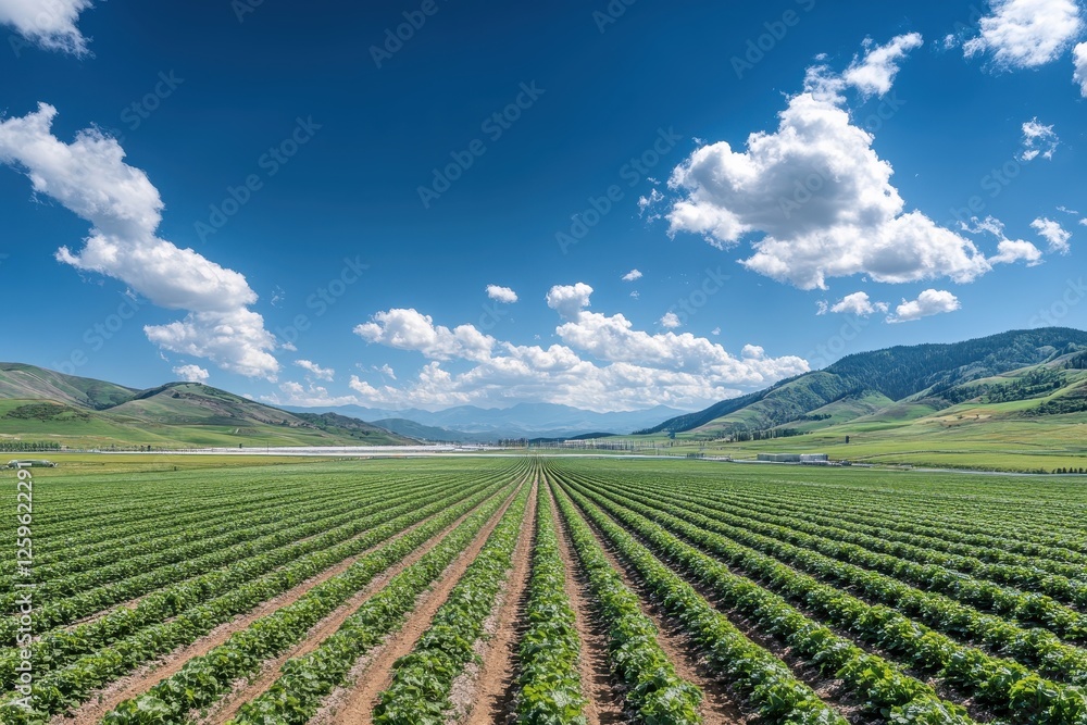 Vast agricultural field under a blue sky, rows of crops stretch to distant mountains. Perfect for illustrating themes of farming, agriculture, and natural landscapes. Vast agricultural field under a blue sky, rows of crops stretch to distant mountains. Perfect for illustrating themes of farming, agriculture, and natural landscapes.