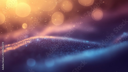 Abstract Glitter Wave: Shimmering particles form elegant, undulating waves in a mesmerizing blend of deep blues, purples, and warm golden bokeh lights. This abstract image evokes feelings of luxury.