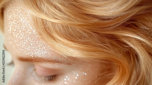 Close-up of Sparkling Beauty: A delicate image of a young woman's eye, adorned with sparkling silver glitter on her forehead and lashes, captures a sense of magic and ethereal beauty.