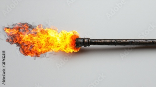 Flaming torch, studio shot, grey background, fiery trail