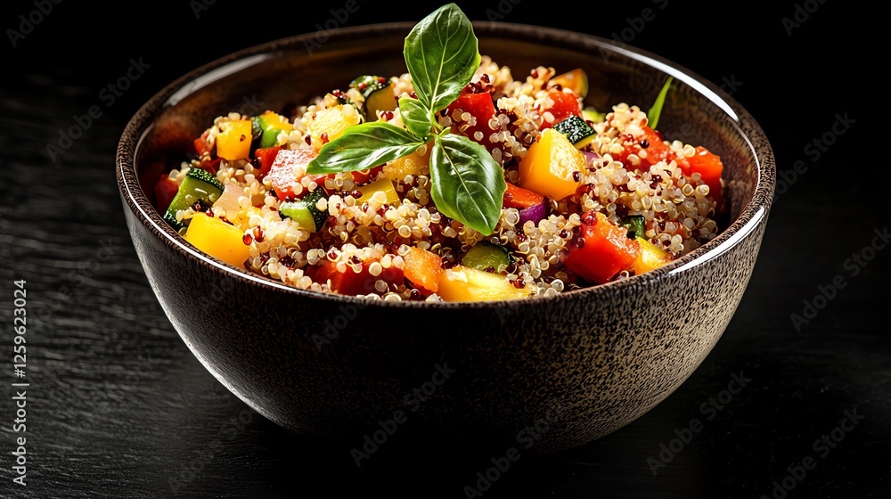 A bowl of colorful quinoa with roasted vegetables, isolated on a black background, Generative AI A bowl of colorful quinoa with roasted vegetables, isolated on a black background, Generative AI