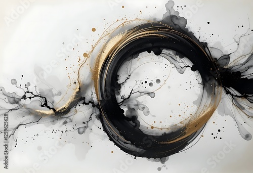 Elegant Abstract Ink Circle with Gold Accents on a Soft White Background photo