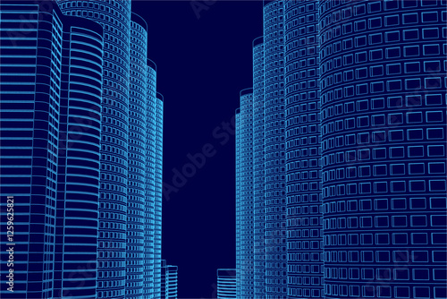 A cityscape with tall buildings and a blue sky. The buildings are lit up and the sky is dark