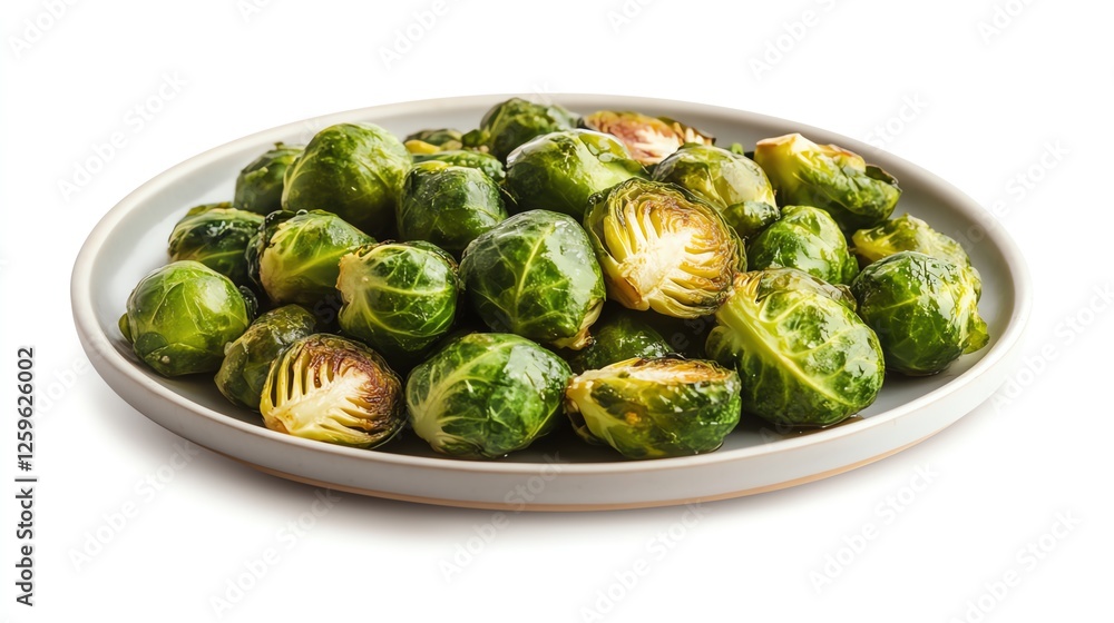 A plate of roasted Brussels sprouts with olive oil, isolated on a bright white background, Generative AI A plate of roasted Brussels sprouts with olive oil, isolated on a bright white background, Generative AI
