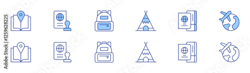 Travel icon set in two styles, Duotone and Thin Line style. Editable stroke. guide book, passport, school bag, teepee, travel, traveling