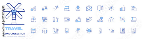 Travel icons collection. Line Duotone style, editable stroke. arrival, door sign, distance, hammock, headset, luggage, member card, plane, sign post, time travel, travel, shield, tuk tuk