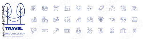 Travel icons collection. Thin Line icons, editable stroke. all inclusive, coconut tree, cable car, coconut drink, ferry boat, hammock, headset, luggage, suitcase, travel, passport