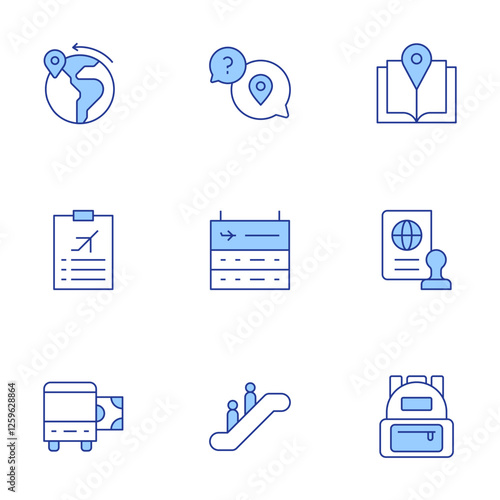 Travel icons set. Line Duotone style, editable stroke. bus ticket, chat, check list, destination, escalator, guide book, information, passport, school bag