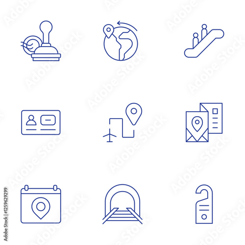 Travel icons set. Thin Line style, editable stroke. destination, escalator, travel, visa, route, travel guide, door sign, tunnel