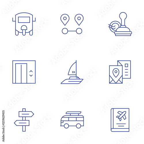 Travel icons set. Thin Line style, editable stroke. travel guide, visa, elevator, sailboat, travel, distance, sign post, tuk tuk