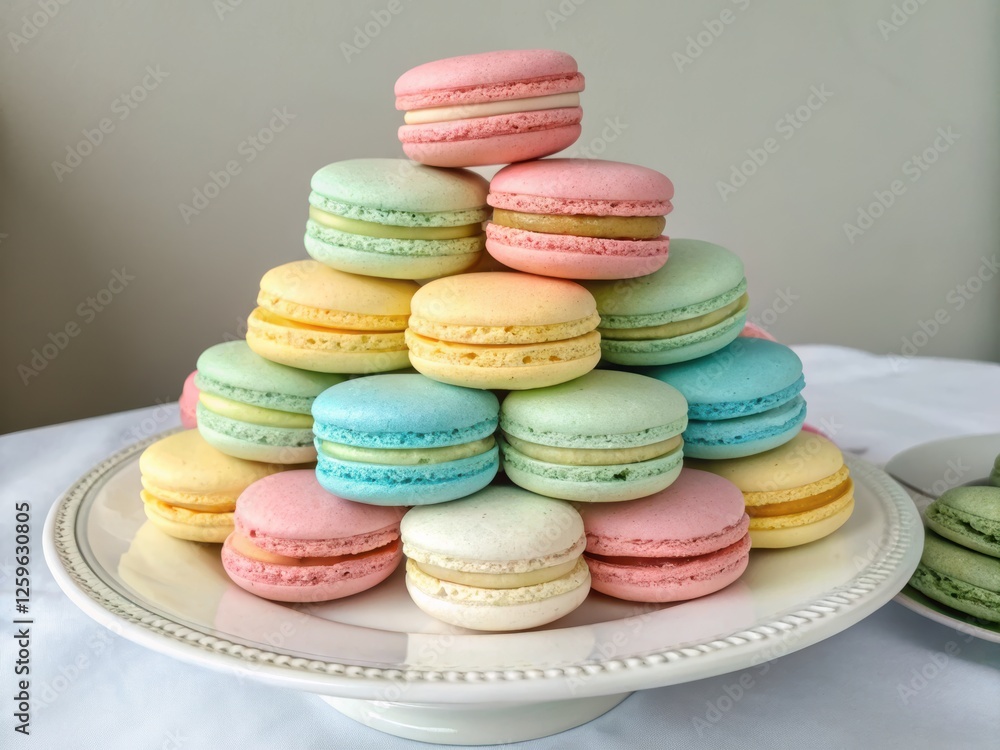 Obraz premium Pastel Macarons Tower on White Plate