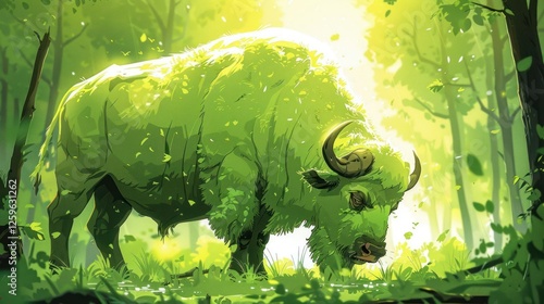 A vibrant green buffalo in a lush forest, symbolizing nature and harmony.