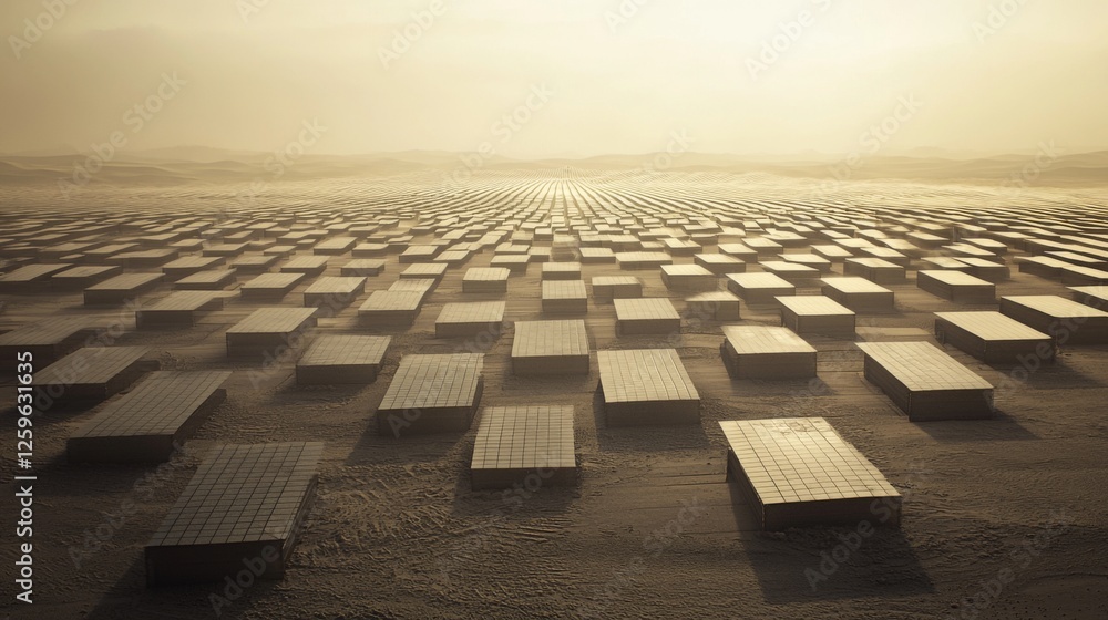 Obraz premium Vast Solar Panel Field Under Golden Sunrise with Dusty Horizon and Infinite Rows of Renewable Energy Technology