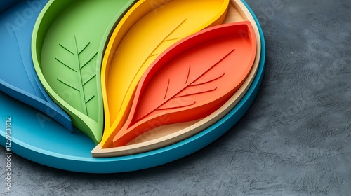 Colorful Abstract Leaf Shapes in Circular Tray on Textured Surface