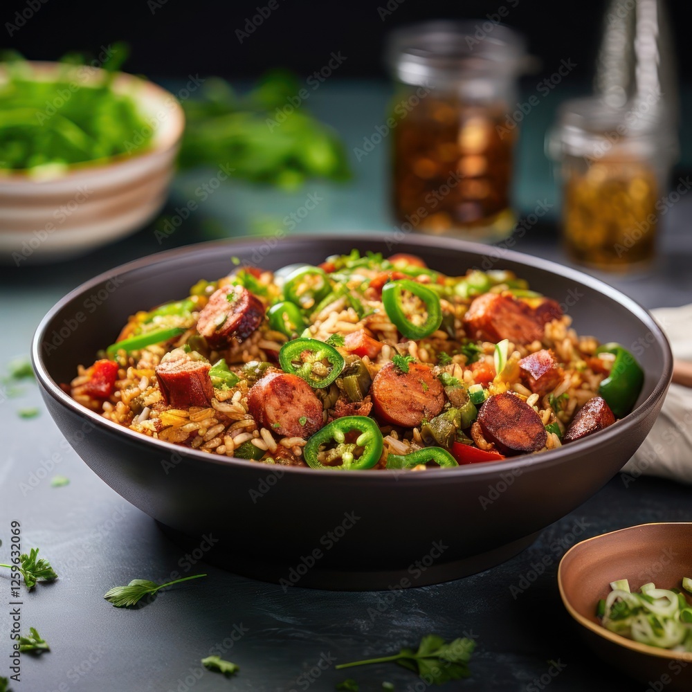 A bowl of rice with sausage and vegetables A bowl of rice with sausage and vegetables