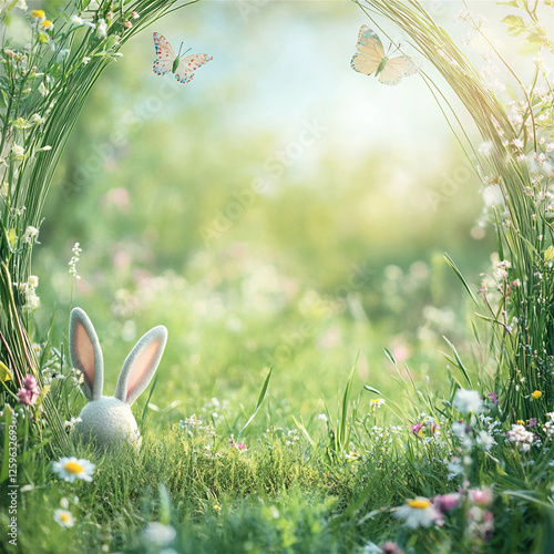 Soft bunny resting in a vibrant meadow with butterflies flitting around during a sunny spring day photo