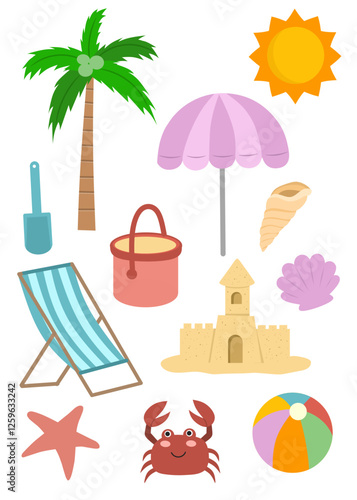 Set of summer elements, beach elements cartoon collection, beach, things on the beac, objects found on the beach 