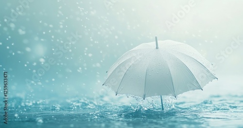 Wallpaper Mural white umbrella floating in the water, with heavy rain falling on it, against a light blue background. Torontodigital.ca