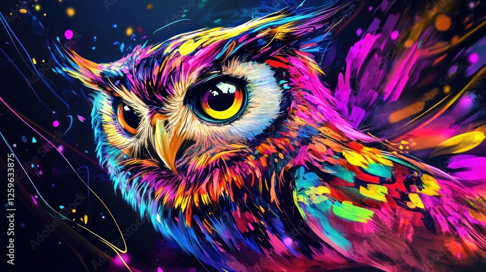 Fototapeta premium Vibrant Owl Portrait: A Kaleidoscope of Color and Mystical Expression