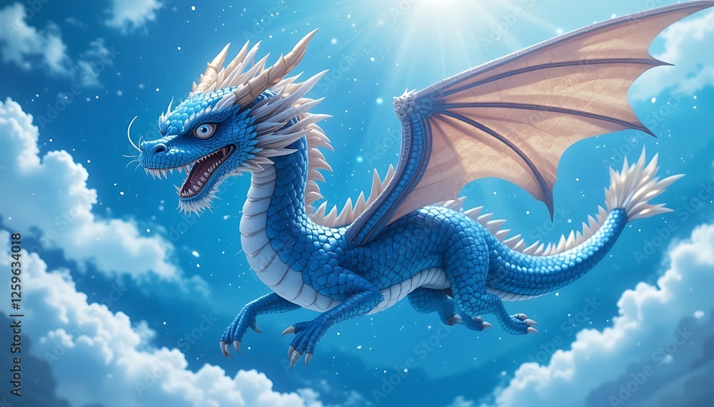Fototapeta premium Blue Dragon Roaming in a Vibrant Green Valley with a Majestic Sky. generative AI