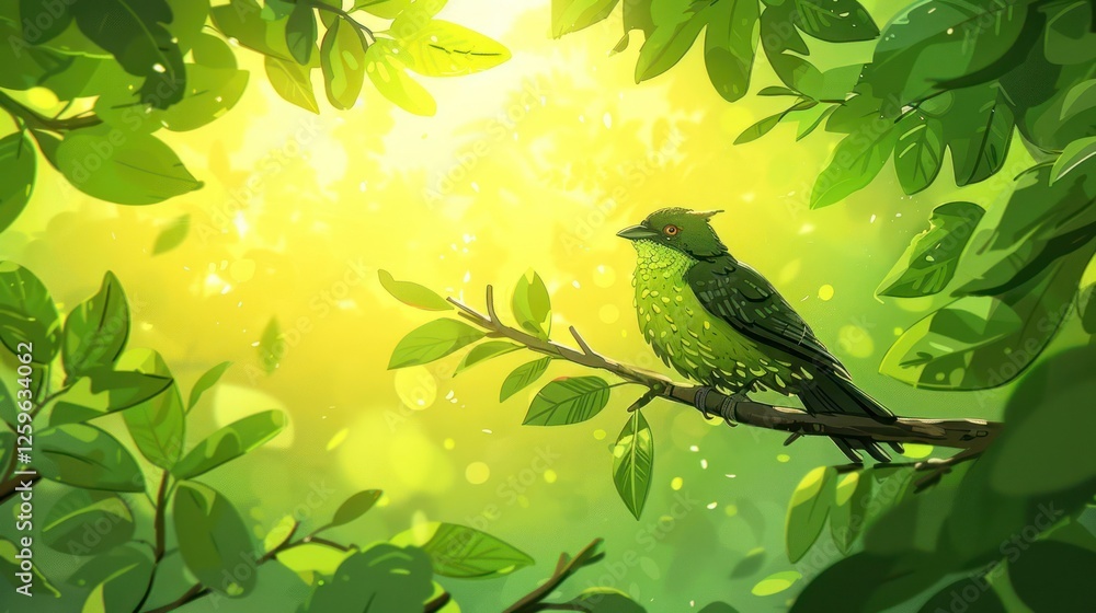 Obraz premium A vibrant green bird perched on a branch surrounded by lush foliage and soft light.