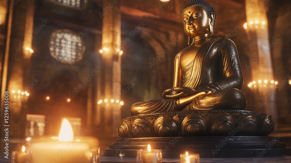Golden Buddha Statue Meditating Peacefully Amidst Soft Candlelight Golden Buddha Statue Meditating Peacefully Amidst Soft Candlelight