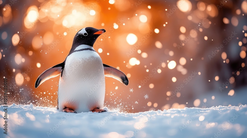 Fototapeta premium A cheerful penguin stands in the snowy landscape, surrounded by sparkling lights, evoking winter joy
