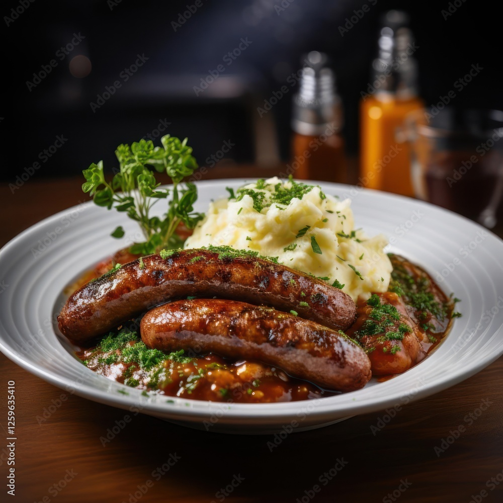 Delicious sausages and mashed potatoes on a plate Delicious sausages and mashed potatoes on a plate
