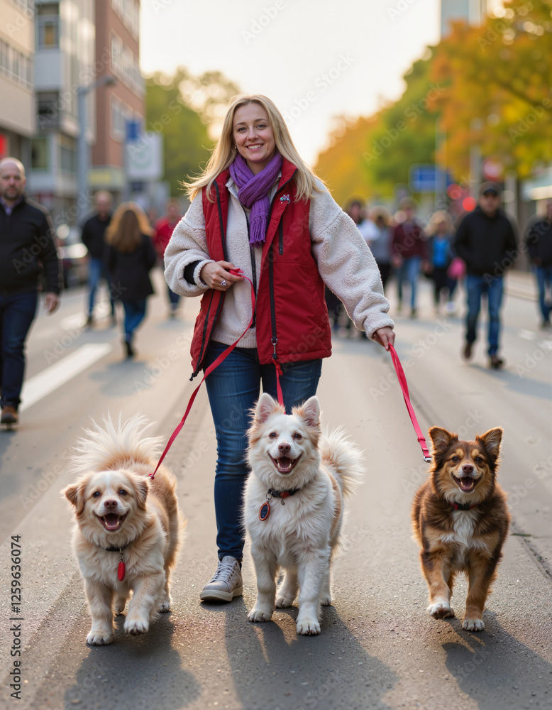Smiling woman walking three happy dogs on a city street Smiling woman walking three happy dogs on a city street
