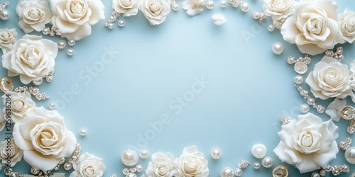 Light blue background with white flowers and pearls, empty space in the center for text