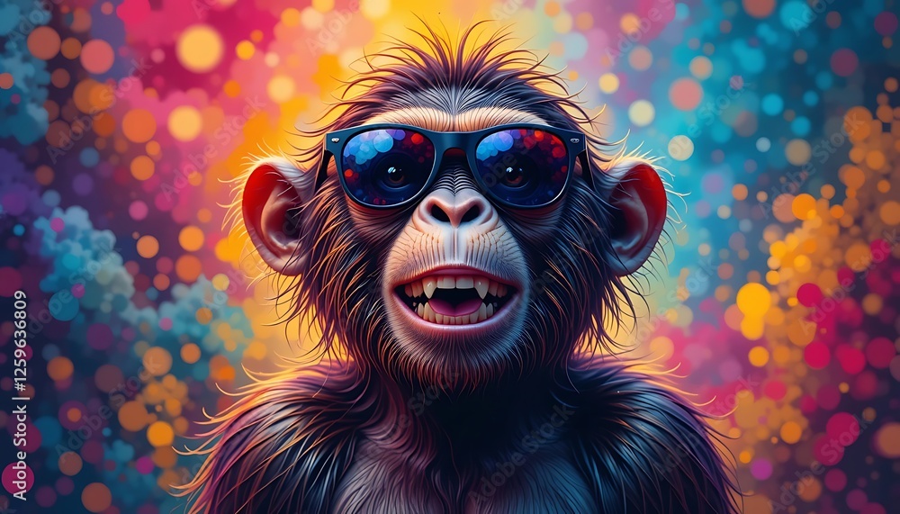Charming monkey wearing sunglasses with a colorful abstract background during a vibrant summer day. Generative AI Charming monkey wearing sunglasses with a colorful abstract background during a vibrant summer day. Generative AI