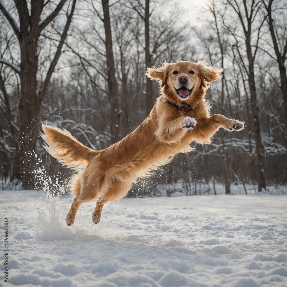 A golden retriever jumping to catch a snowball in mid-air. A golden retriever jumping to catch a snowball in mid-air.