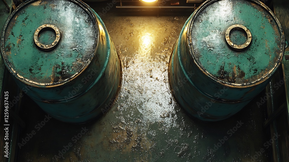 Rusty teal barrels gleam dimly under warm light in dark industrial setting. AI Generated Rusty teal barrels gleam dimly under warm light in dark industrial setting. AI Generated