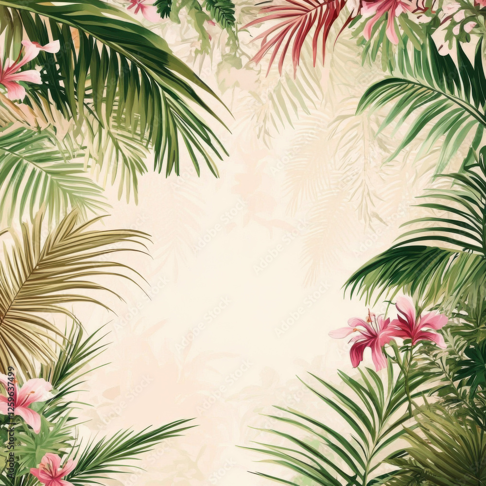 Fototapeta premium wedding invitations backround with palms, Hawaii themed, space in the middle,