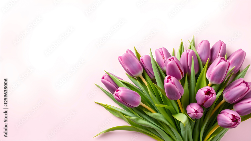 Fototapeta premium Minimalistic composition of fresh pale purple tulips with copyspace. Delicate spring bouquet 