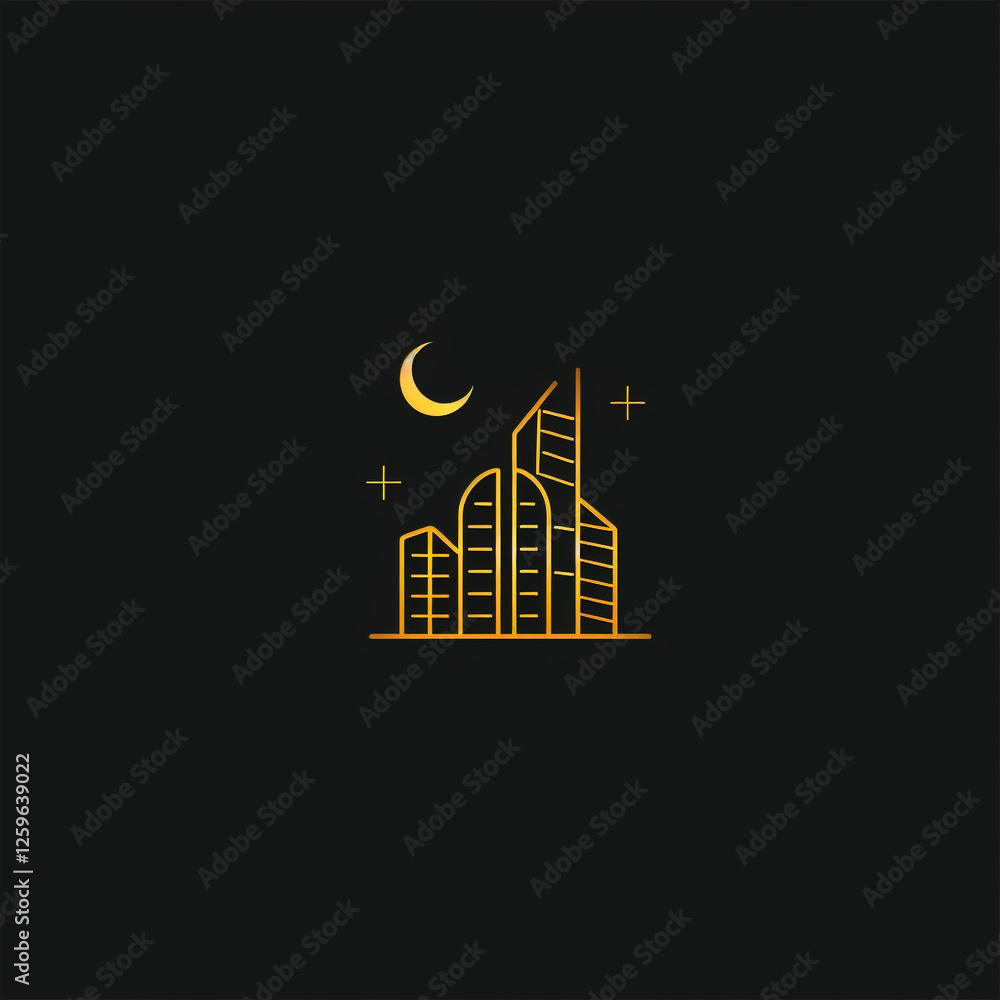 Naklejka premium Simple Building Black Moon Background Neon Logo