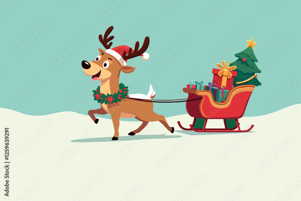 Cartoon Illustration of a Christmas Reindeer Pulling a Sleigh Filled with Gifts and a Tree


