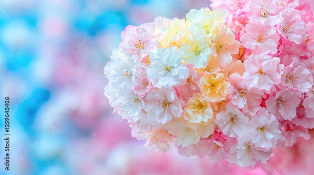 Fototapeta premium Pastel pink and white cherry blossoms bloom in close-up during spring against a soft blue background.