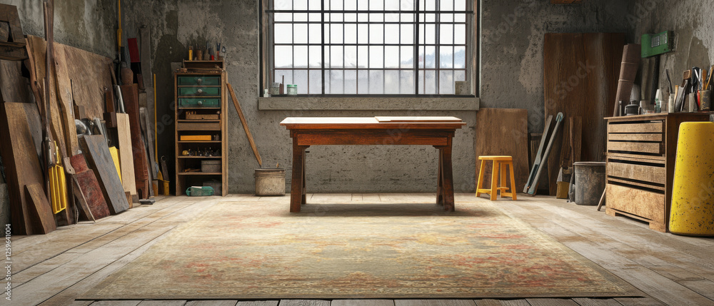 spacious workshop featuring wooden table, surrounded by tools and materials. rustic ambiance is enhanced by natural light streaming through large window, creating warm and inviting atmosphere